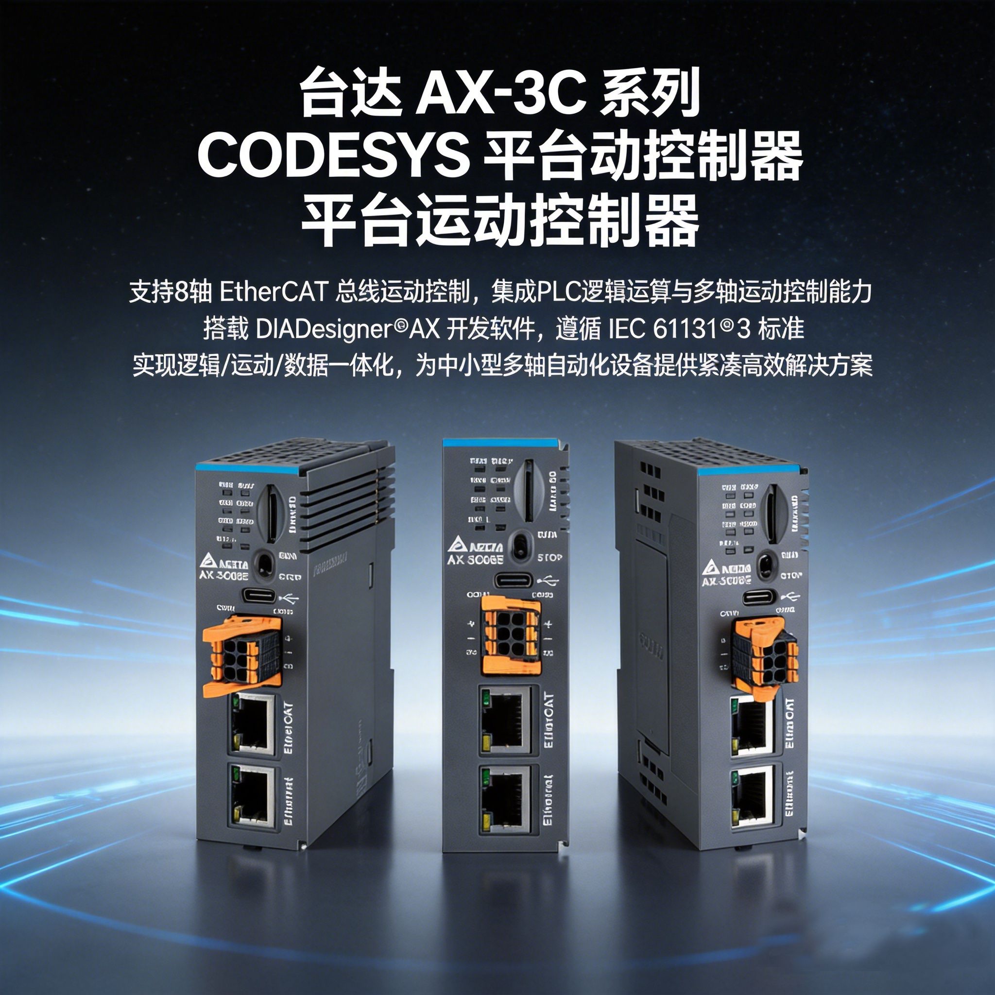 jimeng-2026-08-17-3958-工业电商卖点海报，台达AX-3C系列PLC控制器居中放置，设备本体上AX-3C型....png